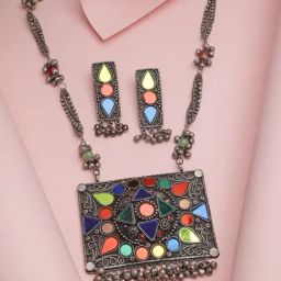 Moedbuille Mirrors Studded Afghan Antique Design Oxidised Silver Plated Handcrafted Jewellery Set-image-53
