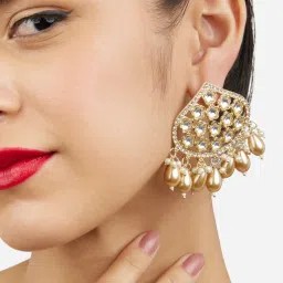 Zaveri Pearls Gold Tone Austrian Diamonds Kundan & Beads Embellished Drop Earrings-ZPFK17170 image 2
