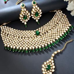 Peora Gold-Plated Kundan Studded Choker Necklace with Earring Maang Tikka Jewellery Set-image-61
