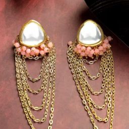 Karatcart Pink Crystal Polki Kundan Chain Drop Earrings for Women-15