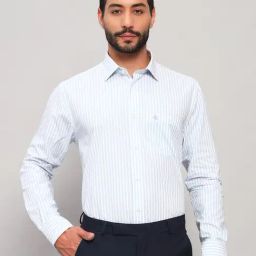 Cantabil Sky Blue Cotton Regular Fit Striped Shirt-picture-12