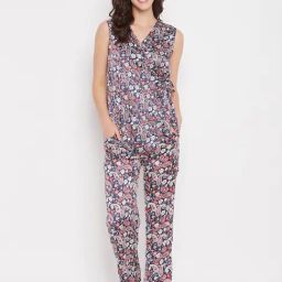 Clovia Navy Satin Regular Fit Paisley SleepwearRobes-image-34