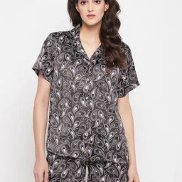 Clovia Black Satin Regular Fit Paisley SleepwearRobes-image-14