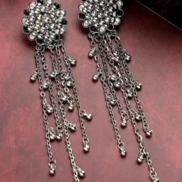 Karatcart Oxidized Silver Black Kundan Silver Chain Tassel Drop Earrings for Women-6