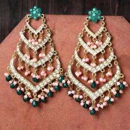 Karatcart Gold-Plated Green Tumble Pink Crystal Kundan Dangler Earrings for Women-4