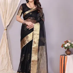 VILLAGIUS Floral Embellished Beads and Stones Organza Saree-image-3