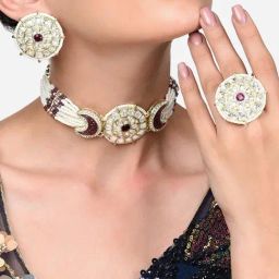 Zaveri Pearls Purple Multistrand Beaded Kundan Choker Necklace Earring Ring Set-ZPFK15872-image-52