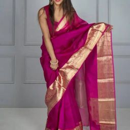 Satrani Pink Woven Saree With Unstitched Blouse-image-3