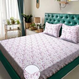 Klotthe White & Purple 300 TC Polycotton Double Elastic Book Fold Bedsheet with 2 Pillow Covers-image-88