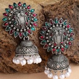 Karatcart Oxidized Silver Red And Green Stone Jhumki Earrings for Women-19