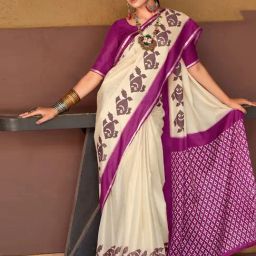 Satrani Beige & Purple Silk Printed Saree With Unstitched Blouse-image-17