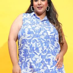 Oxolloxo Plus Size Blue & White Printed Shirt-image-20