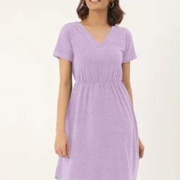 BRINNS Purple Cotton Solid Fit & Flare Dress-image-86