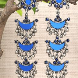 Moedbuille Silver-Plated Artificial Stones Studded Crescent Shaped Oxidised Drop Earrings-2