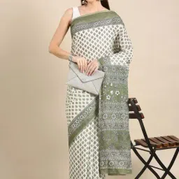 SHANVIKA Beige & Green Cotton Printed Saree With Unstitched Blouse-image-3