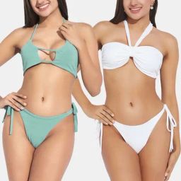 Secrets By ZeroKaata Green & White Plain Swimwear Bikini-image-67