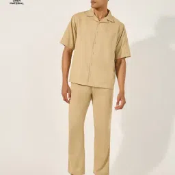 Styli Beige Cotton Blend Regular Solid Shirt And Trousers-image-61