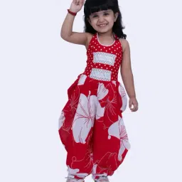 Twisha Girls Red & White Cotton Regular Fit Printed Jumpsuit-image-0