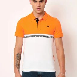 Lee Orange & White Cotton Slim Fit Colour Block Polo T-Shirt-image-65