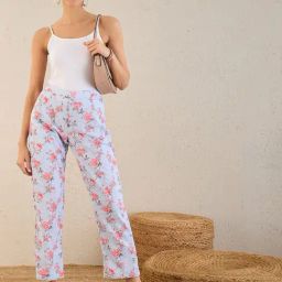 First Resort By Ramola Bachchan Ice Blue and Pink Floral Print Schiffli Straight Pants-image-97