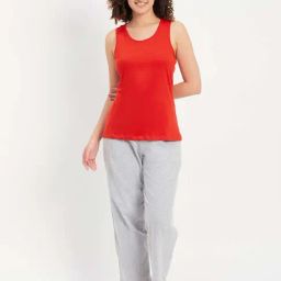 Clovia Red & Grey Cotton Tank Top Pyjamas Set-image-33