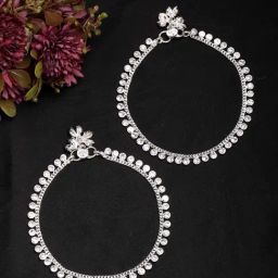 NVR Silver-Plated Artificial Stone Studded Anklets for Women Pair of 1-41