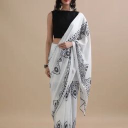 Jaipur Kurti White Mulmul Cotton Regular Fit Print Saree-image-61
