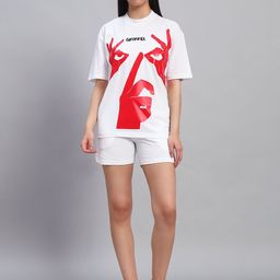 GRIFFEL Printed Oversized-Fit Pure Cotton T-Shirt & Shorts Co-Ord Set-image-90