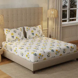 URBAN SPACE White & Yellow Floral Fitted Cotton 200 TC King Bedsheet Set 1.82 x 1.98 m-image-91