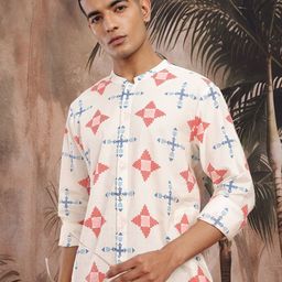 Sangria Men Tribal Print Mandarin Neck Curved Hem Pure Cotton Kurta-23