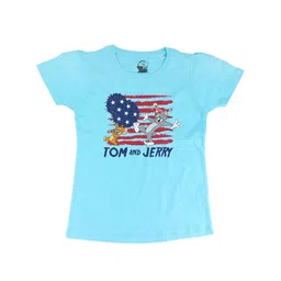TomJerry Girls Turquoise Blue Printed Cotton Pure Cotton T-shirt-image-89