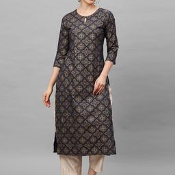Indo Era Women Navy Blue Ethnic Motifs Printed Keyhole Neck Thread Work Kurta-image-70