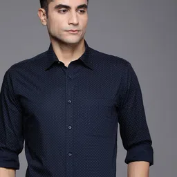 Raymond Men Navy Blue And White Slim Fit Micro Ditsy Printed Pure Cotton Formal Shirt-image-5