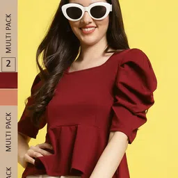 Fabflee Pack of 2 Square Neck Puff Sleeves Peplum Top-image-39