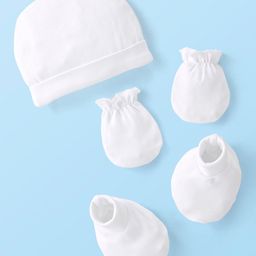 Babyhug 100% Cotton Knit Solid Color Cap Mittens & Booties White - Diameter 10.5 cm-picture-19