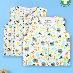 Kidbea Pack Of 2 Bamboo Sleeveless Wild Life Forest & Party Theme Printed Jhablas - White-picture-11