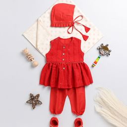 Vastramay Sleeveless Gota Patti Embellished  Kurti & Pyjama With Cap & Shoe Set -  Red-image-10