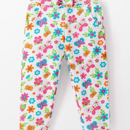 Babyhug Cotton Looper Knit Full Length Lounge Pant With Floral Print - White-image-33