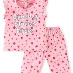Babyhug Cotton Knit Single Jersey Half Sleeves Capri Night Suit With Star Print - Pink-picture-0