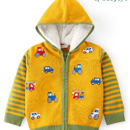 Babyoye Knitted Full Sleeves Front Open Hooded Sweater With Stripes Design and Vehicles Embroidery - Yellow-picture-3