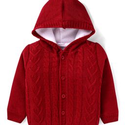 Babyhug Knitted Full Sleeves Front Open Solid Colour Hooded Sweater - Red-picture-19