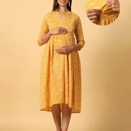 CRAFIQA Three Fourth Sleeves Abstract  Printed Maternity Dress With Concealed Zipper Nursing Access - Light Mustard-picture-47
