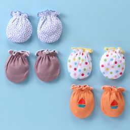 Ben Benny 100% Cotton Knit Mittens Solid Polka Dots & Boat Print Pack of 4- White & Orange-picture-17