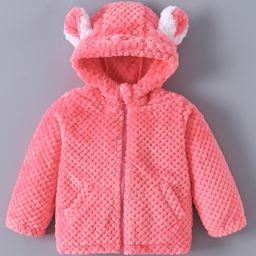 Kookie Kids Full Sleeves Hooded Winter Fur Jacket With Quilted Design & Ears Applique - Pink-10