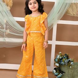 LIL PITAARA Pure Cotton Short Flutter Sleeves Leheriya Printed & Gota Lace Embellished Top & Coordinating Palazzo Set - Yellow-image-1