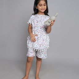 Little Clothing Cotton Woven Bat Wing Half Sleeves Floral Printed & Pompom Lace Detailed Kaftan Top & Coordinating Shorts Set - Cream-image-90