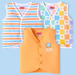 Babyhug 100% Cotton Knit Sleeveless Striped & Star Printed Jhablas Pack of 3 - White &Orange-image-78