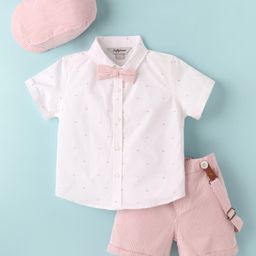 ToffyHouse Cotton Woven Half Sleeves Printed Shirt & Shorts With Bow Suspender & Hat - White & Light Red-picture-0