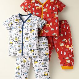 OHMS Single Jersey Knit Half Sleeves Front Open Co-ords Night Suits with Jungle Theme Print Pack of 2 - White & Red-image-87