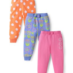 Babyhug Single Jersey Full Length Lounge Pants with Bow Applique Polka Dots & Floral Print Pack of 3 - Pink Blue & Orange-image-36
